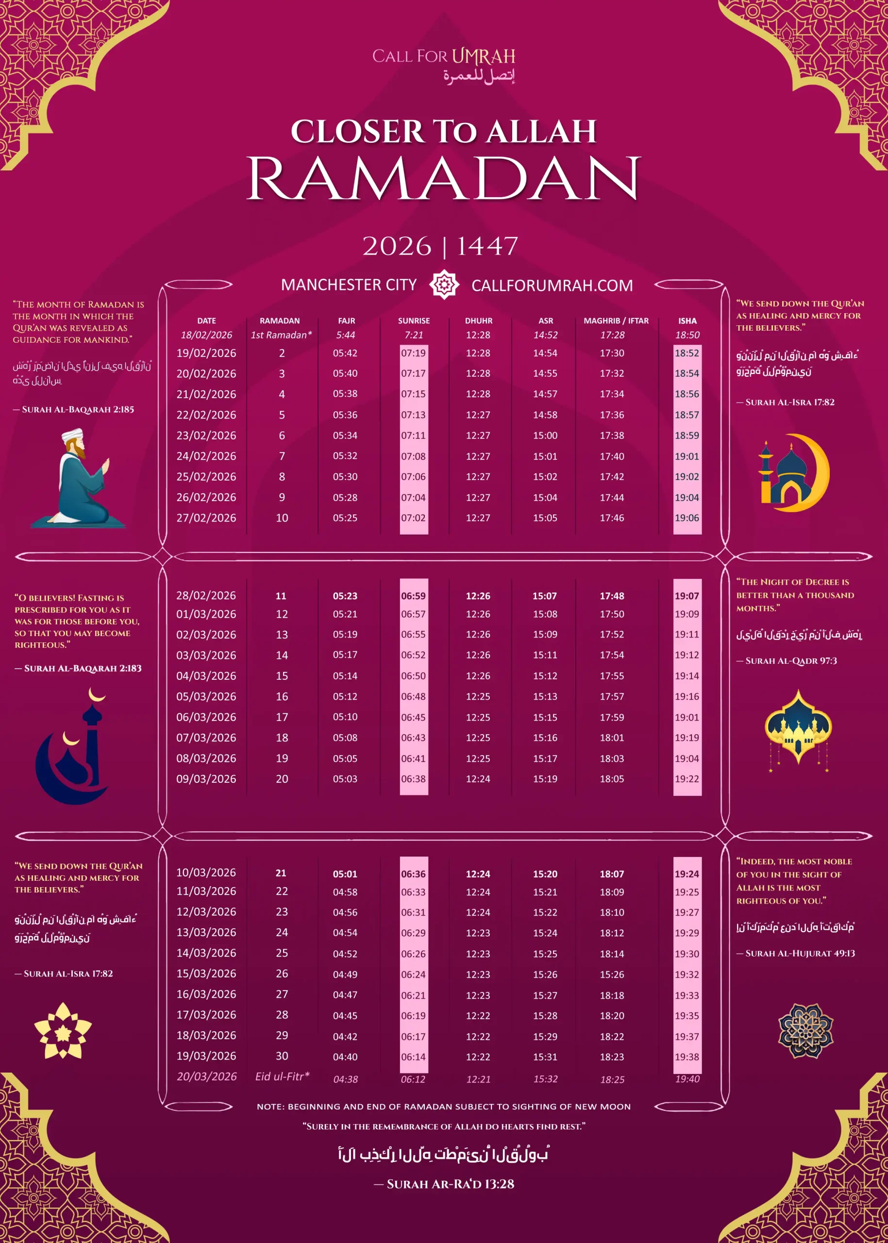 Ramadan Timetable Manchester, UK 2026